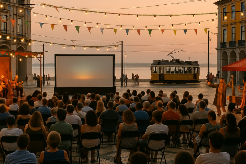 Praça do Comércio ao pôr do sol com palco de música ao vivo, ecrã