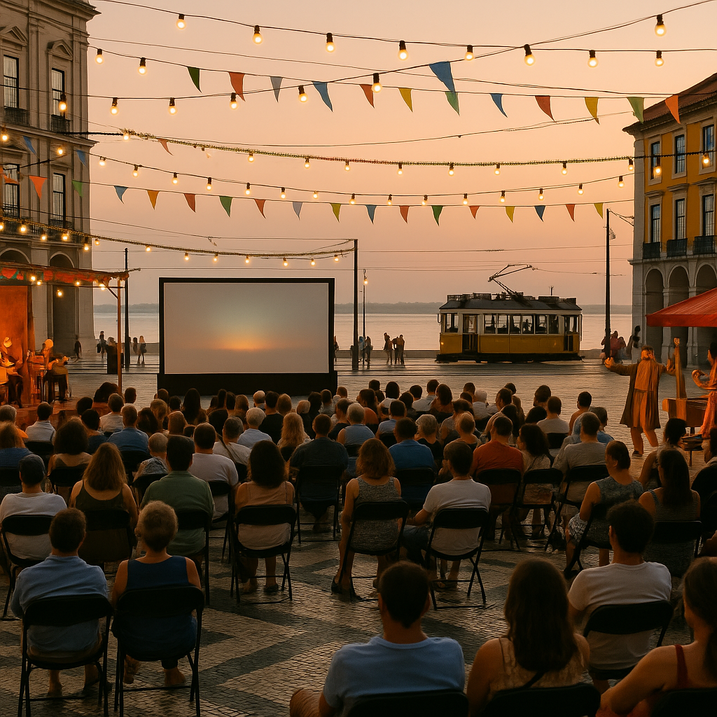 Praça do Comércio ao pôr do sol com palco de música ao vivo, ecrã