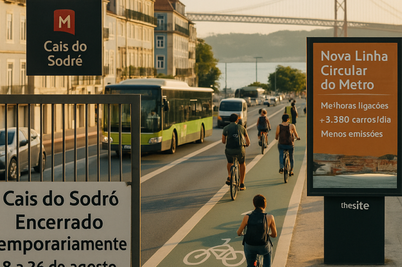 High-angle photographic shot from a pedestrian overpass along Avenida 24 de Julho near Cais