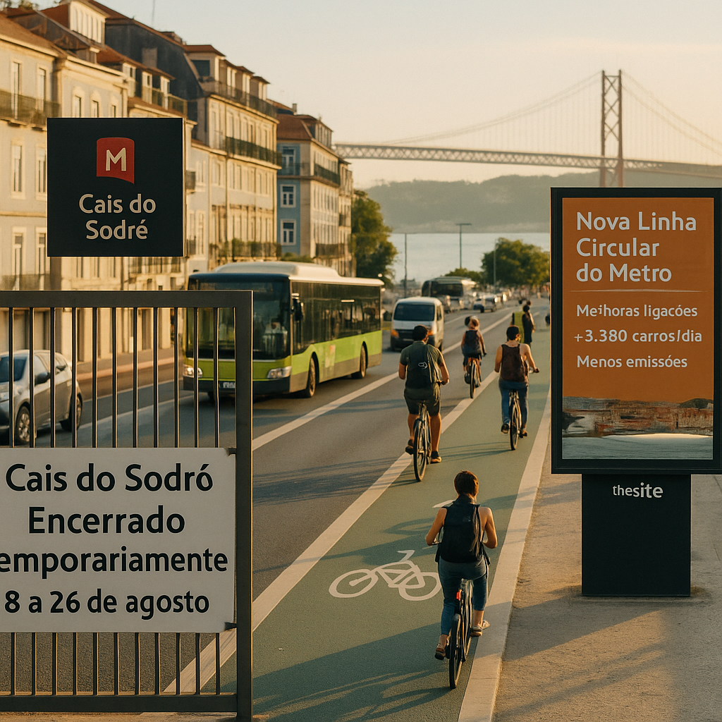 High-angle photographic shot from a pedestrian overpass along Avenida 24 de Julho near Cais