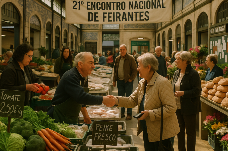 Busy traditional Lisbon market inside an iron-and-glass hall, vendors and neighbors exchanging goods under