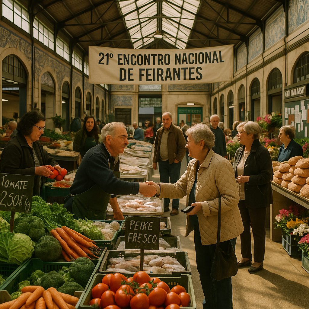 Busy traditional Lisbon market inside an iron-and-glass hall, vendors and neighbors exchanging goods under
