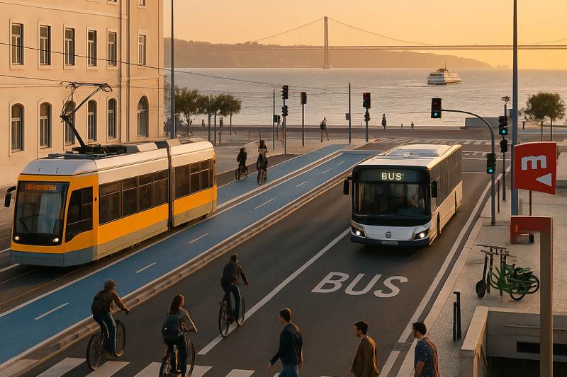 Cais do Sodré ao entardecer com elétrico, autocarro em via BUS, ciclovia protegida, peões