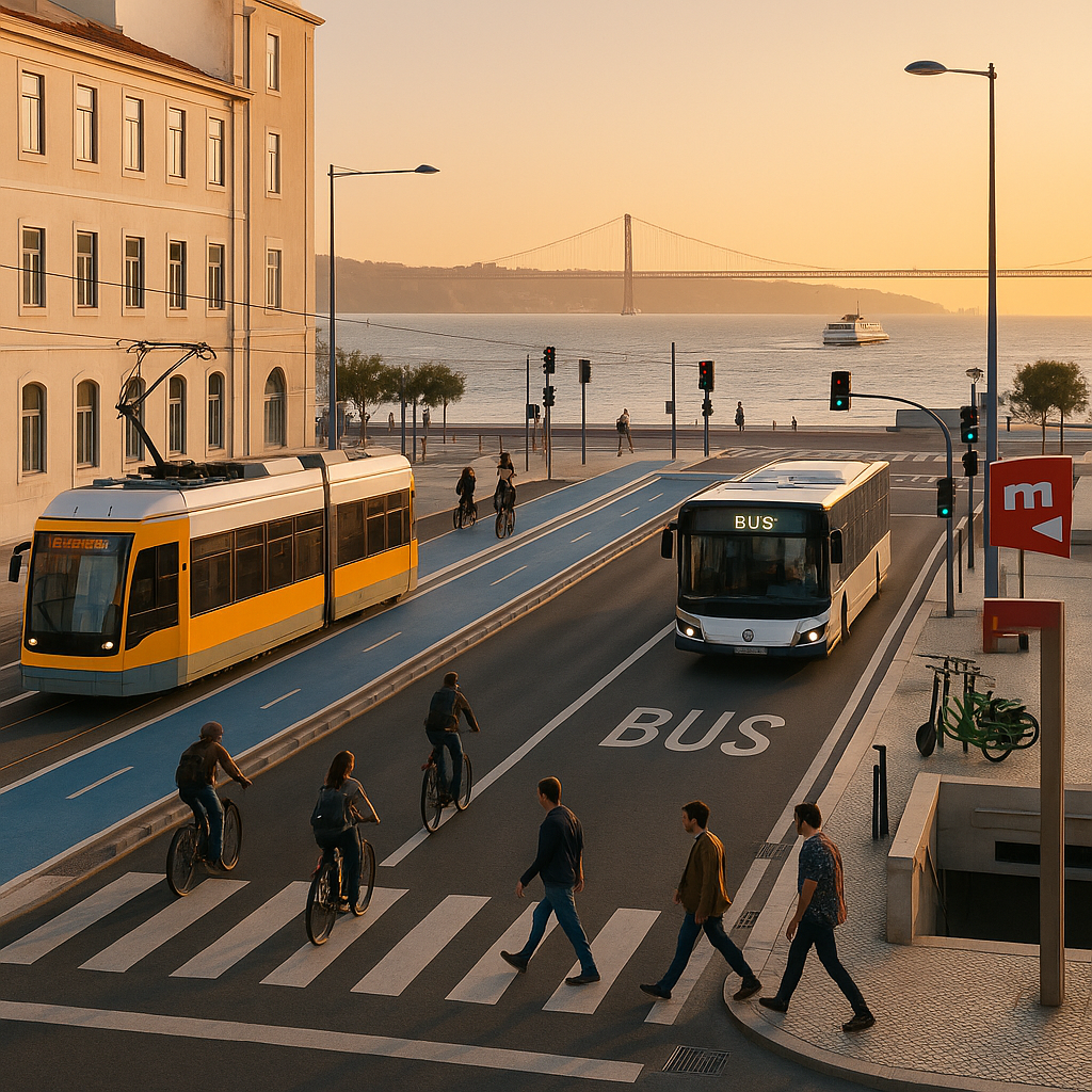 Cais do Sodré ao entardecer com elétrico, autocarro em via BUS, ciclovia protegida, peões