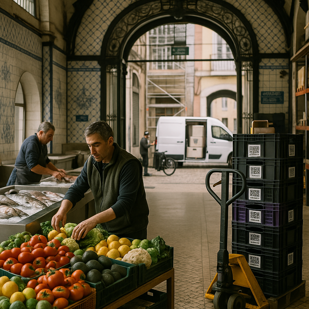 Exterior street-level view of a traditional Lisbon market with arched entrances and azulejo details;