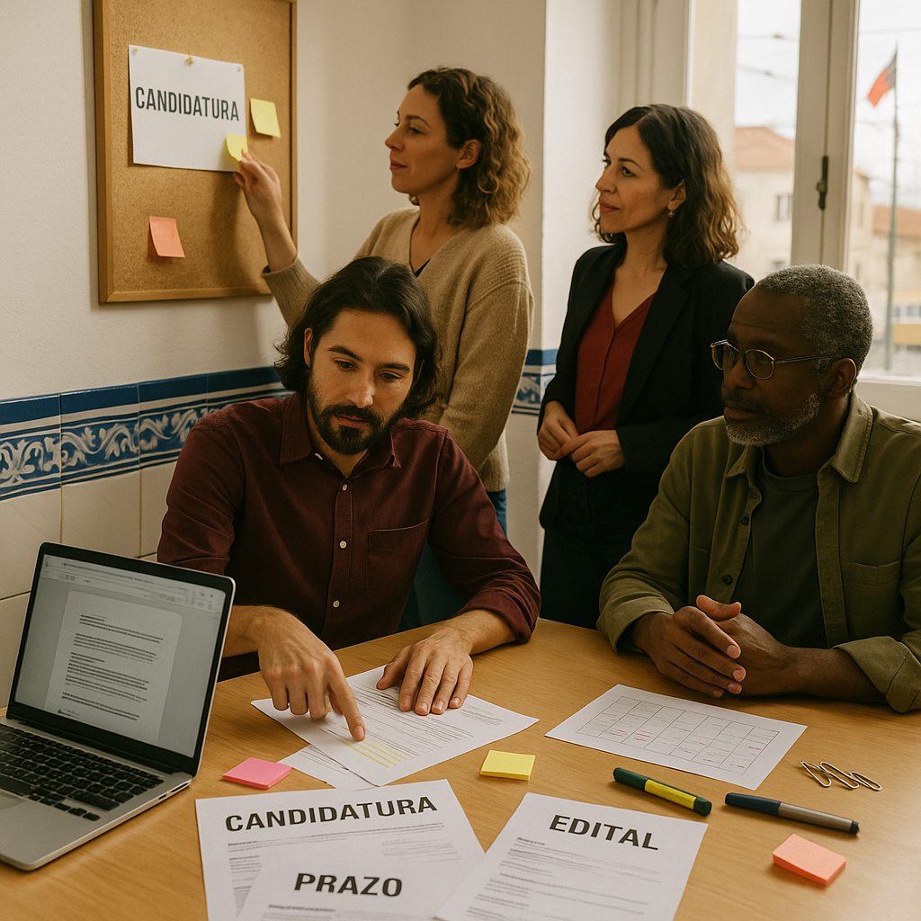 Community arts promoters in Lisbon collaborating at a sunlit table with Portuguese municipal forms,
